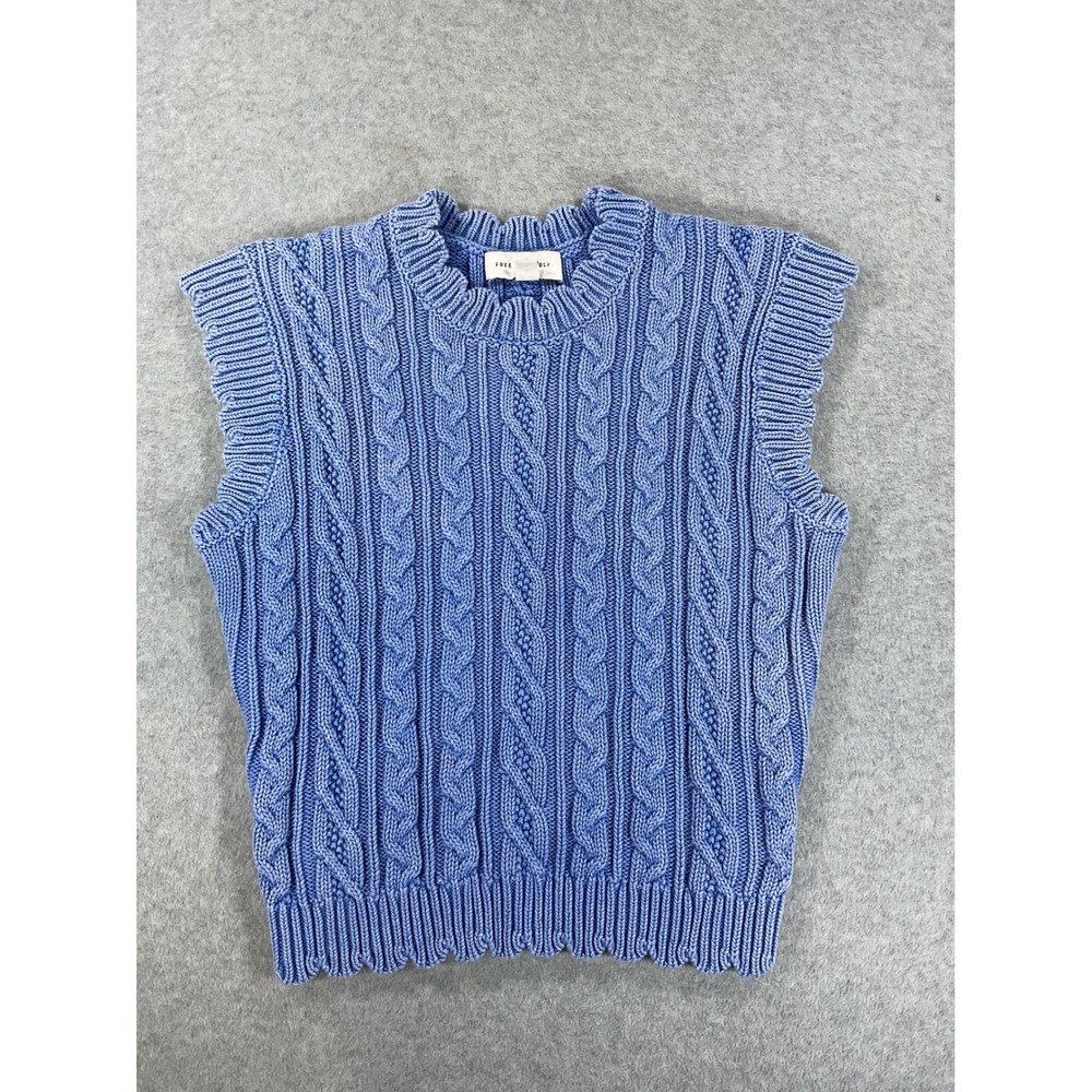 Free Assembly Womens Blue Cable Knit Sweater Vest Scallop Trim XS 0-2 2542